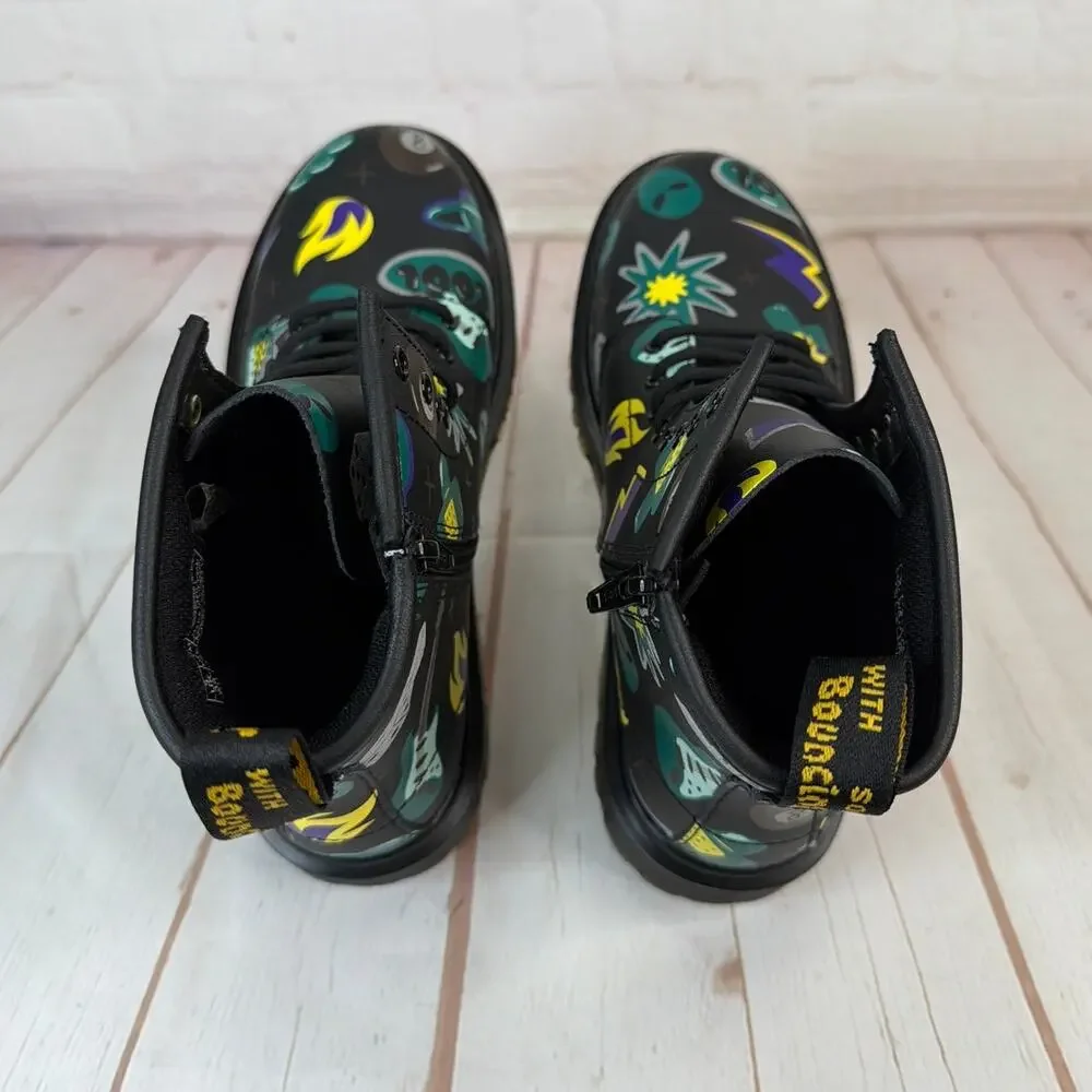 Dr. Martens Junior 1460 Sticker Print Leather Lace Up Black Boots Size 4 M/5 L
